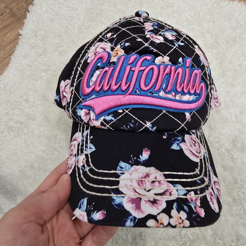 Robin Ruth California Floral Baseball Cap‎ Hat Pink Rose Black Quilted Snapback